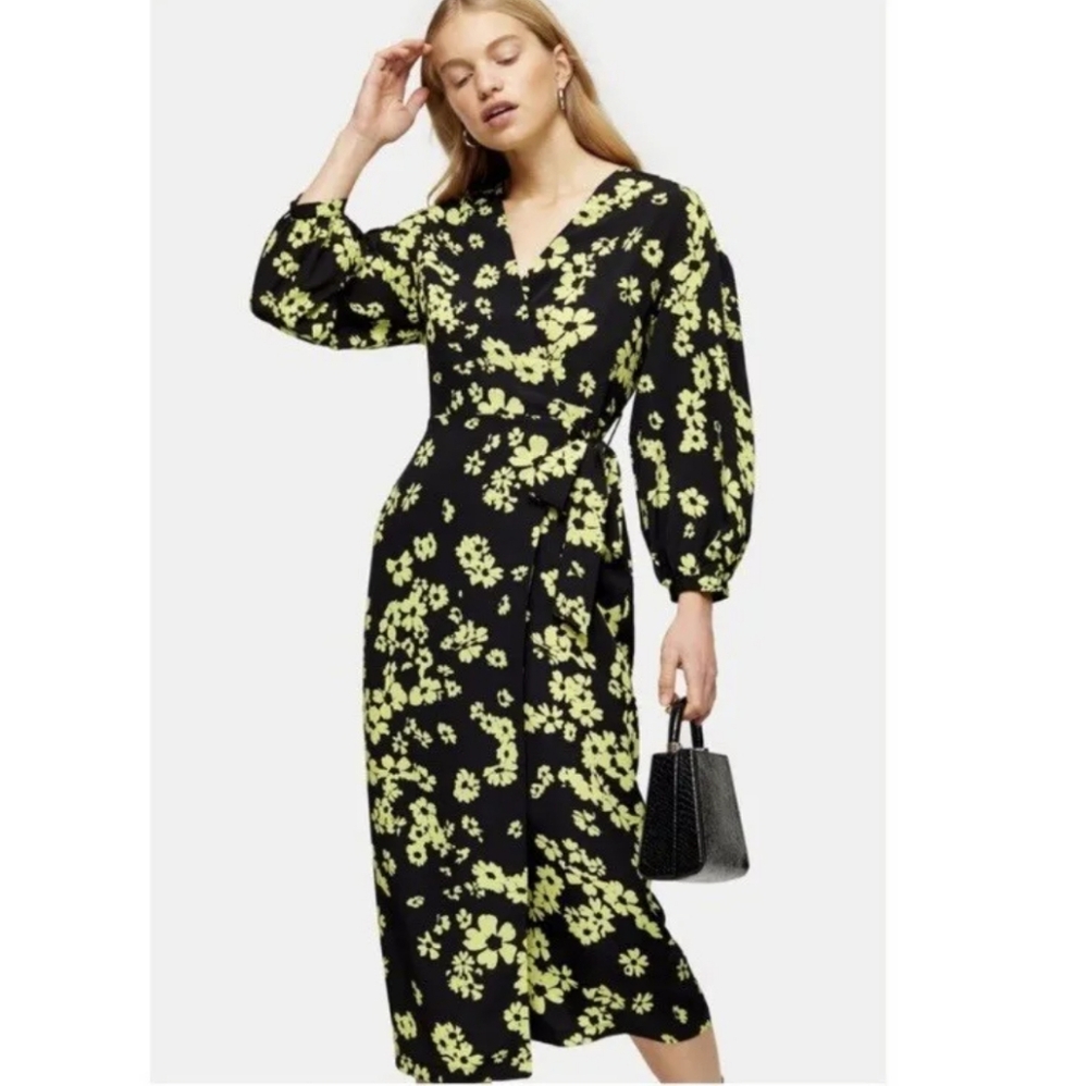 Topshop black and green floral wrap midi dress size 12